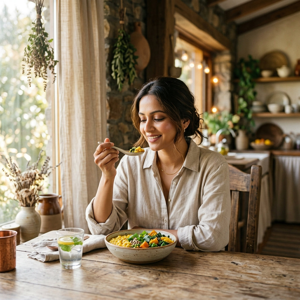 Mujer feliz comiendo comida ayurvédica